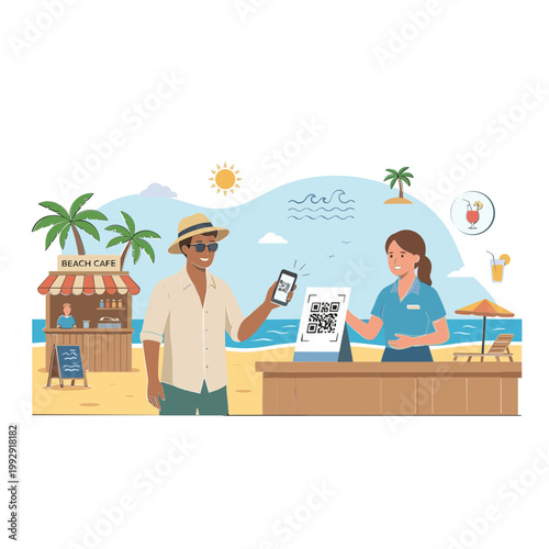 Man uses phone to pay at beachside cafe with woman