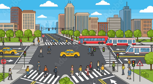 Busy City Intersection with Pedestrians, Trams, and Yellow Taxis