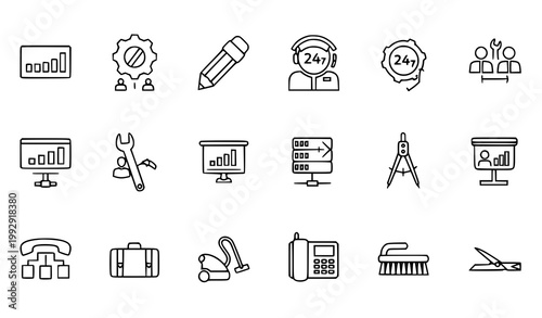Work and service icon vector set with gear server tools team support and technology symbols in line style