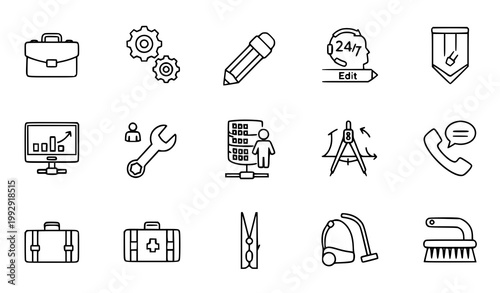 Minimal business workflow and tools icon vector set with gear server team and service symbols infographic line design
