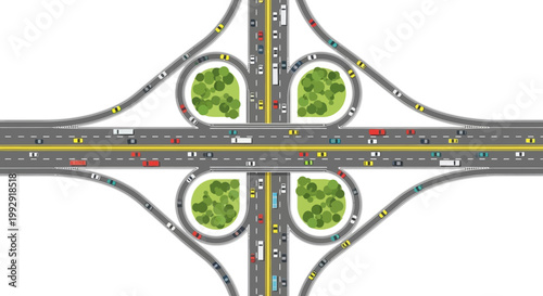 Busy highway interchange with cloverleaf ramps and traffic, aerial view