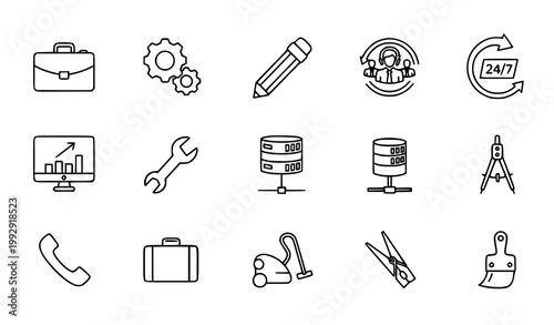 Business tools and service line icon vector set with gear pencil server team and 24 7 support symbols