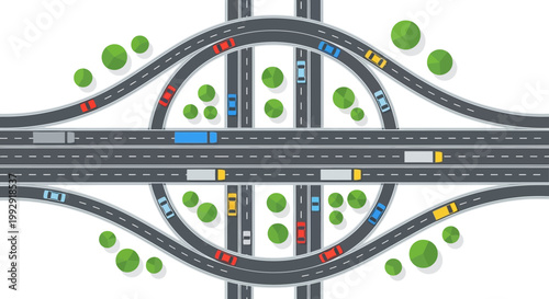 Busy highway interchange with cars and trucks, traffic flow, transportation concept