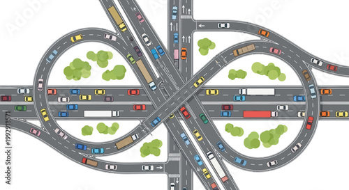 Busy highway interchange with heavy traffic congestion, traffic jam, transportation concept