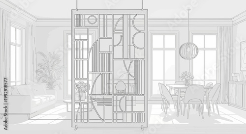 Architectural line drawing of modern interior with geometric divider