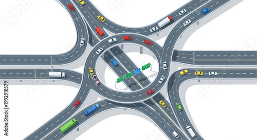Busy highway interchange with traffic circle and cars