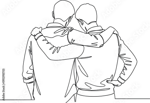 Two friends standing together with arms around each other back view line art illustration for friendship support and unity concept design