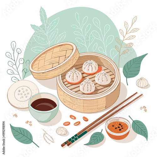 Steaming hot dim sum in bamboo steamer basket with dipping sauce, chopsticks, garlic, and fresh leaves, arranged artfully with scattered seeds.