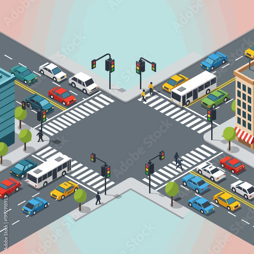 Busy City Intersection with Traffic Jam, Cars, Buses, and Pedestrians