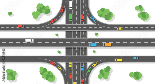 Aerial View of Busy Highway Interchange with Cars and Trucks
