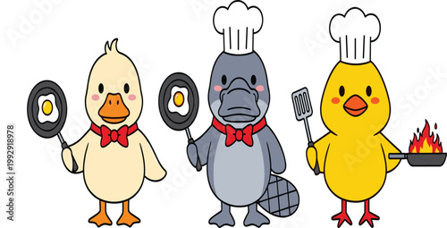 Cute Chef Duck Characters Cooking with Frying Pan Spatula and Egg Cartoon Animal Illustration Set for Kids Kitchen Food and Culinary Design