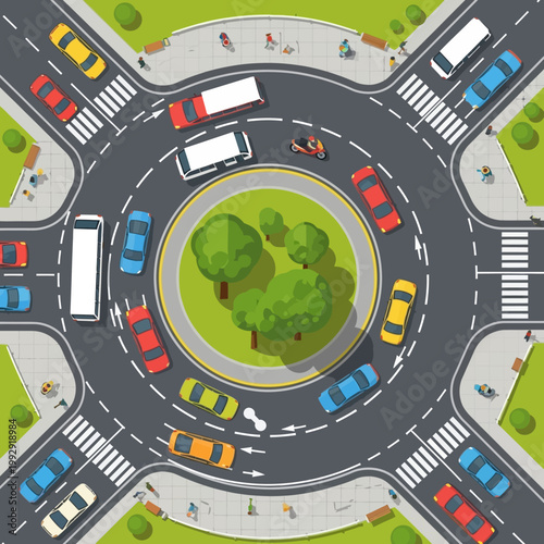 Aerial View of Busy Traffic Circle Intersection with Cars, Buses, and Motorbike