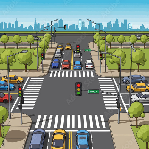 Busy City Intersection with Traffic Lights and Pedestrian Crosswalks