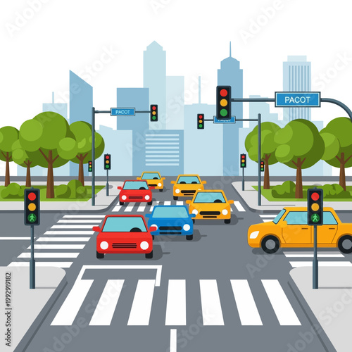 Busy City Intersection with Traffic Lights, Cars, and Pedestrian Crossing