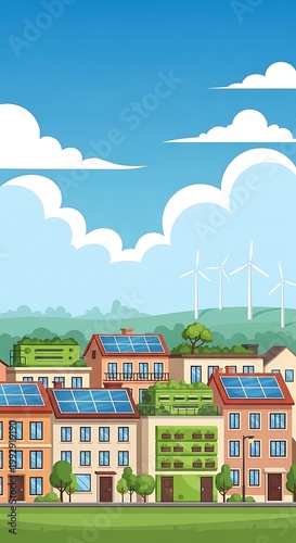 Eco friendly sustainable city with solar panels and green roofs.