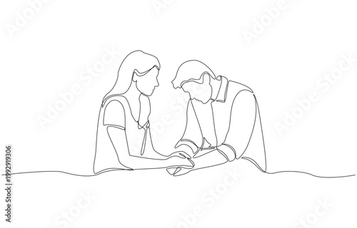 Continuous one line of young woman comforting her sad boyfriend, couple consolation and encouragement concept, single line art