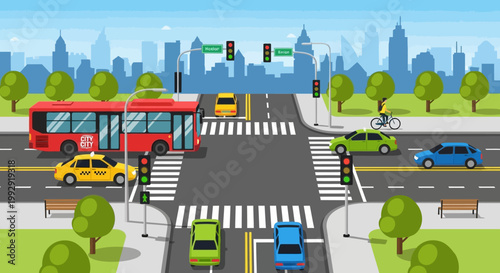 Busy City Intersection with Traffic Lights, Cars, Bus, and Pedestrians