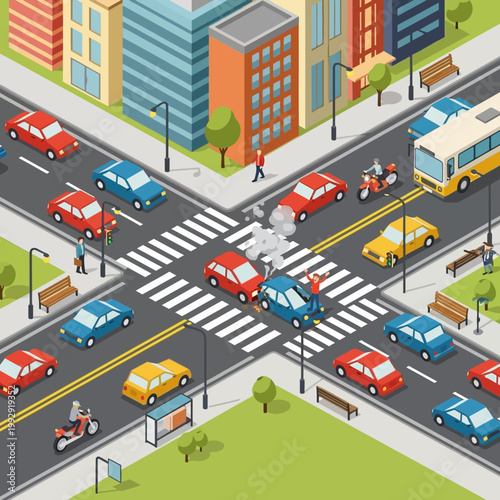 Busy City Intersection Traffic Jam with Car Accident