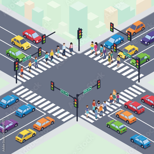 Busy City Intersection with Cars and Pedestrians Crossing