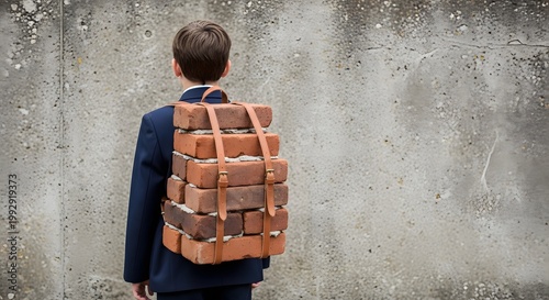 A young boy in a suit carries a heavy backpack made of bricks, symbolizing burden or responsibility.