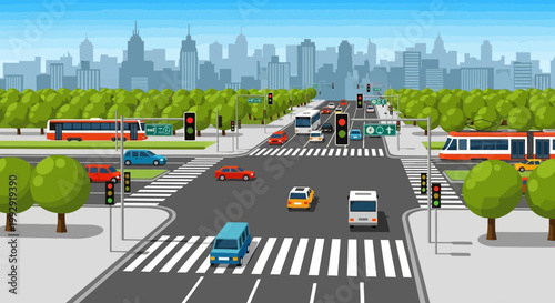 Busy City Intersection with Traffic Lights, Cars, Buses, and Pedestrian Crosswalks