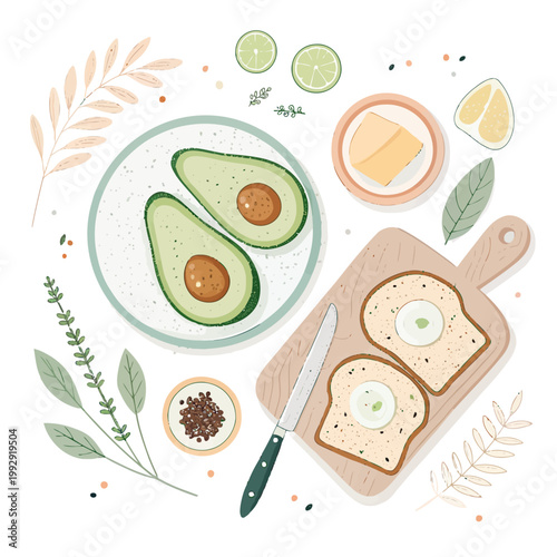 Avocado toast preparation flat lay with sliced avocado on plate and fried eggs on bread with limes and herbs on white background for healthy morning food concepts art.