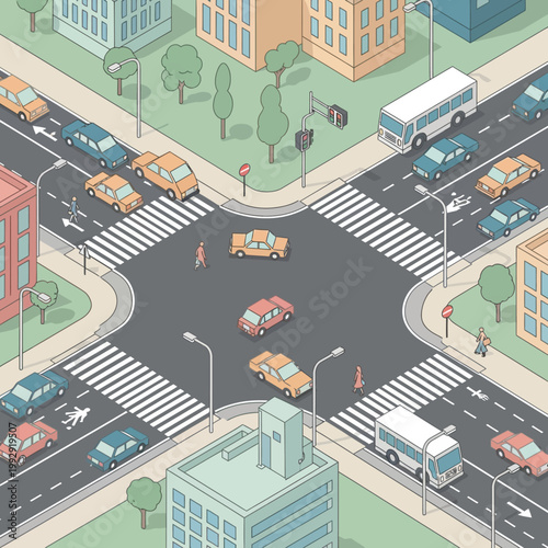 Busy city intersection with cars, buses, and pedestrians crossing
