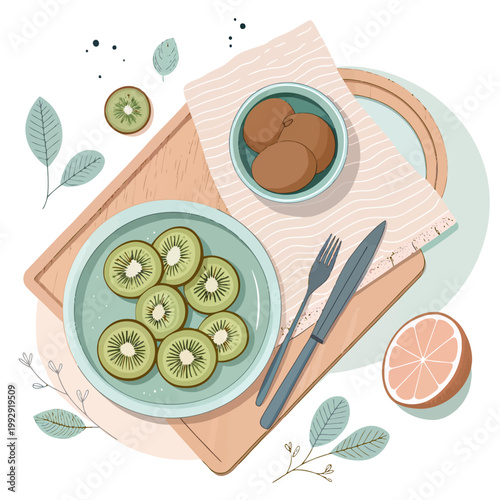 Kiwi fruit slices on plate with whole kiwis and grapefruit half on wooden board for healthy snack flat lay illustration isolated on white background for food design.