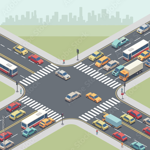 Busy city intersection with cars, buses, and trucks in traffic jam