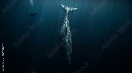 Sperm whale sleeping vertically in the deep ocean with a scuba diver
