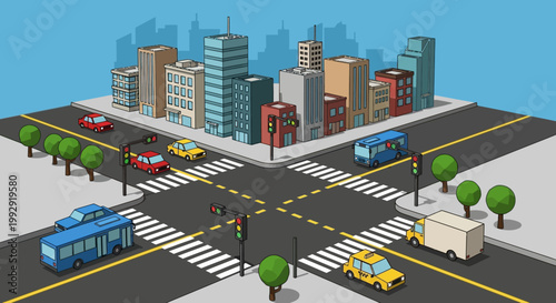 Busy city intersection with traffic, cars, buses, and skyscrapers
