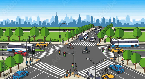 Busy City Intersection with Traffic, Pedestrians, and Buildings