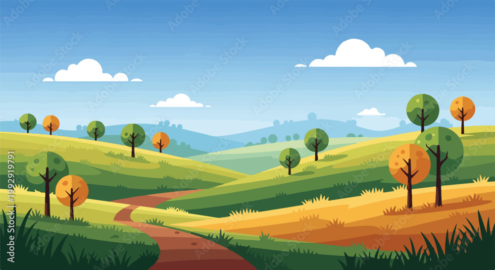 Naklejka premium Beautiful Vector Rural Landscape with Winding Path Rolling Green Hills and Stylized Trees under Sunny Blue Sky