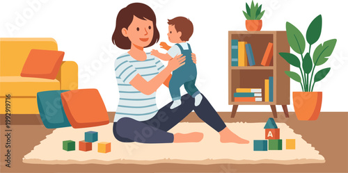 A woman is sitting on the floor with a baby in a cozy living room.