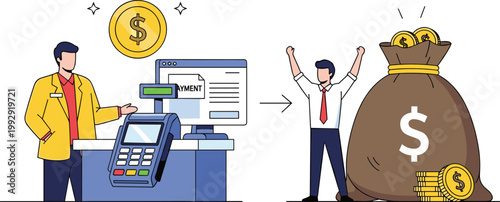 Digital Payment and Financial Success Illustration Set with POS Machine Online Transaction and Money Bag Wealth Concept for Business Finance Design