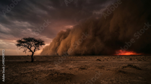 Massive sandstorm haboob wall approaching lone tree in desert landscape