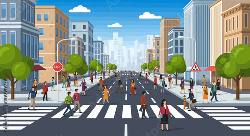 Busy city street with pedestrians crossing at crosswalk, urban life, traffic, cityscape