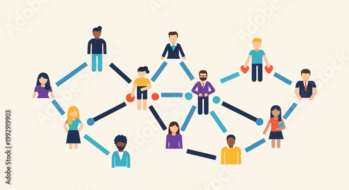 Abstract concept illustrating a diverse group of individuals interconnected in a dynamic social network, emphasizing community, digital communication, and collaborative relationship building