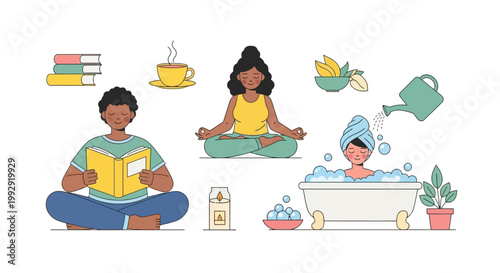 Self-care routine illustration meditation, reading, and bathing for relaxation and well-being