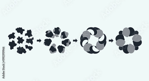 Scientific illustration depicting the molecular self-assembly process, showing components organizing into a complex, symmetrical circular structure through sequential stages