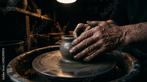 Potter hands shaping wet clay pot on spinning wheel in workshop