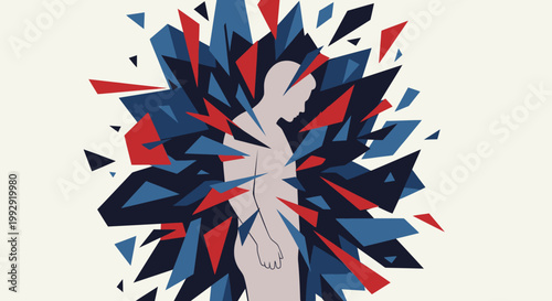 Abstract depiction of profound psychological stress, showing a human figure shattering into fragments. Symbolizes intense anxiety, emotional breakdown, and inner turmoil