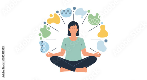Person meditating in a relaxed pose surrounded by colorful abstract organic shapes representing mindfulness and inner peace in a tranquil setting