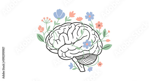 Illustration of a healthy brain surrounded by blooming flowers and plants, symbolizing mental wellness and growth