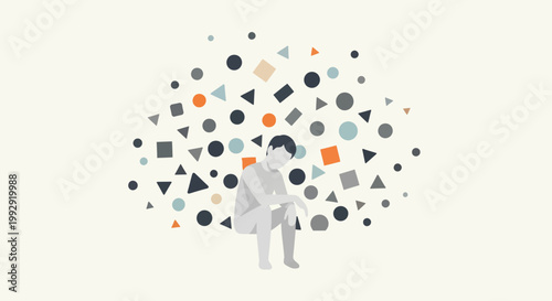 A person sitting surrounded by abstract geometric shapes representing thoughts and ideas, symbolizing contemplation and mental process