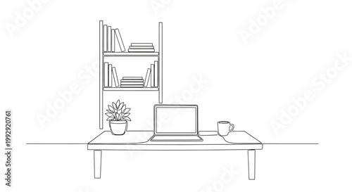 Minimalist Desk Setup: Laptop, Bookshelf, Plant, Coffee Mug - Line Art