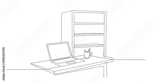 Minimalist Desk Setup: Laptop, Shelf, and Supplies - Clean Line Art