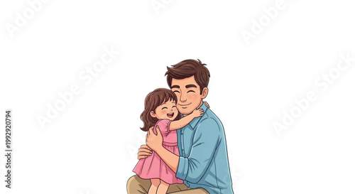 Vector illustration of a man hugging a little girl, cartoon father and child, love and affection, family bonding, colorful characters