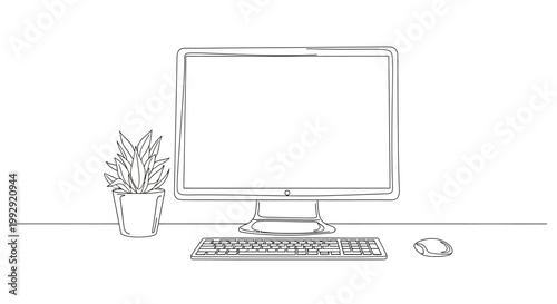 Minimalist Desktop Computer Setup: Monitor, Keyboard, Mouse, and Potted Plant