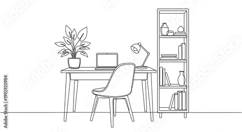 Minimalist Home Office Desk with Bookshelf, Laptop, and Plant - Line Art